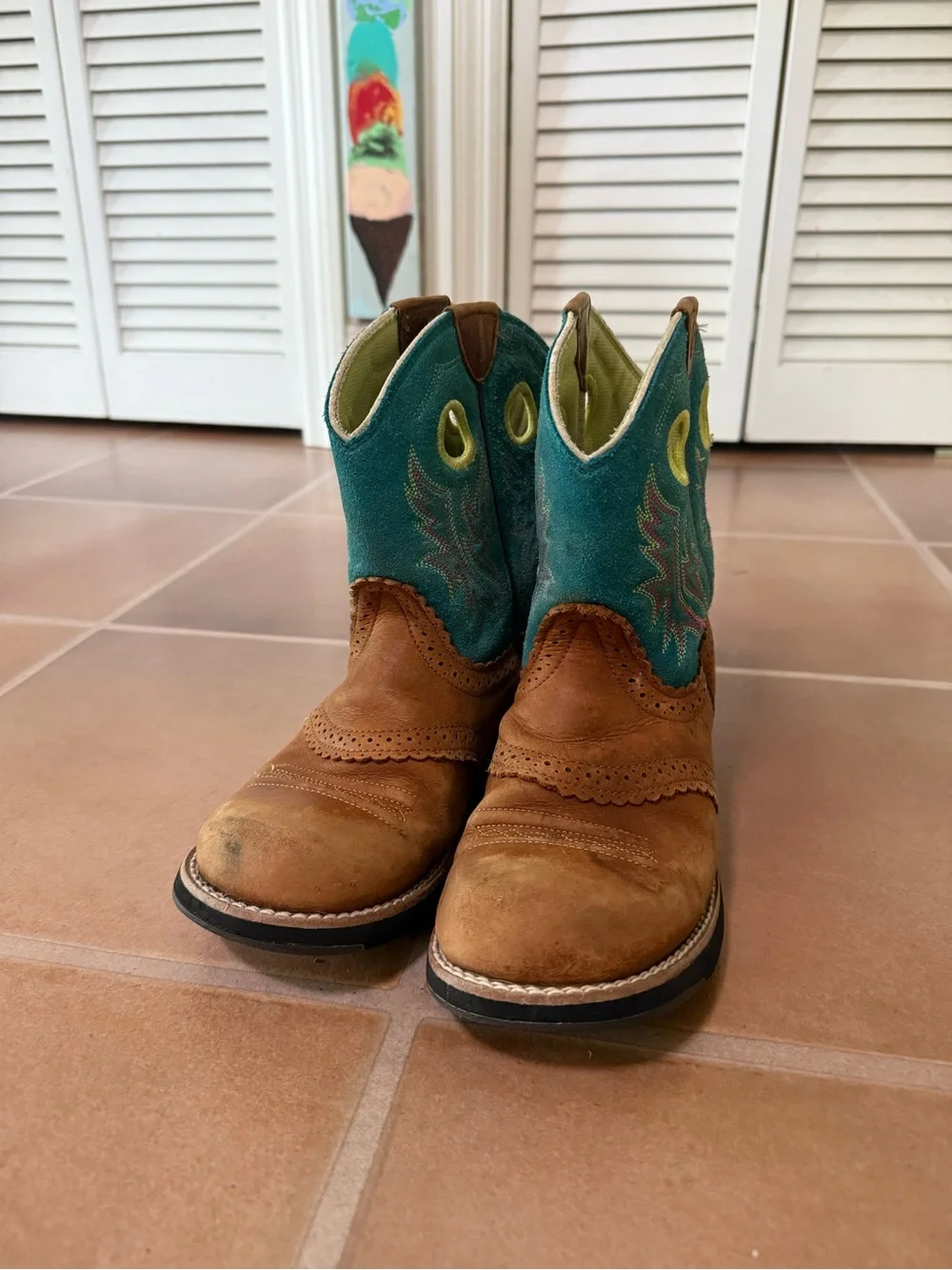 Arita Kids Western Pull-On Boots with Teal Shaft and Brown Leather 4.5